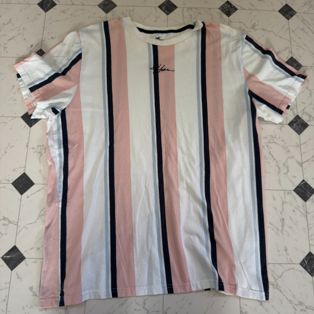 Hollister Must-Have Collection Men's XL Vertical Stripe T-Shirt Pink White Navy